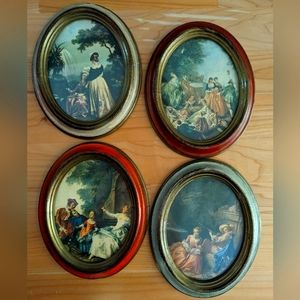 Set of 4 Vintage Italian Oval Framed Prints W/ Hooks